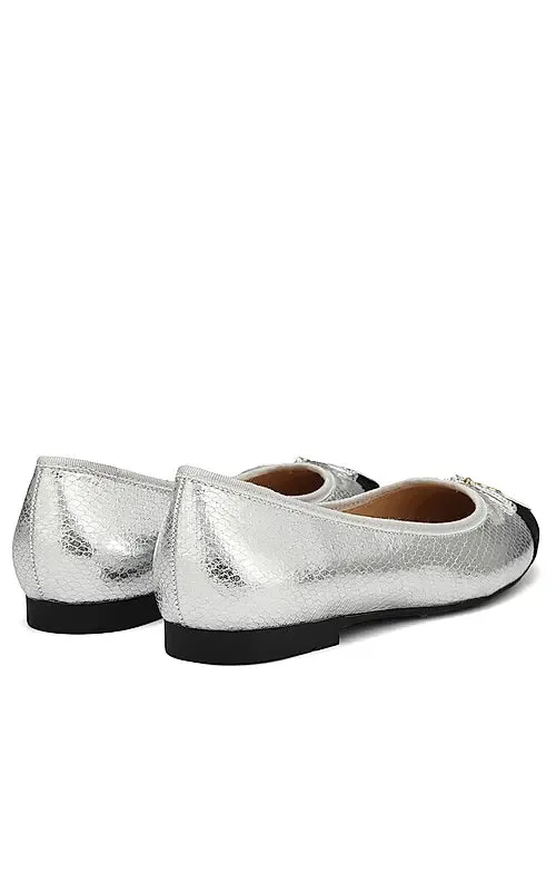 Silver Ballerina Flats With Bow Detail