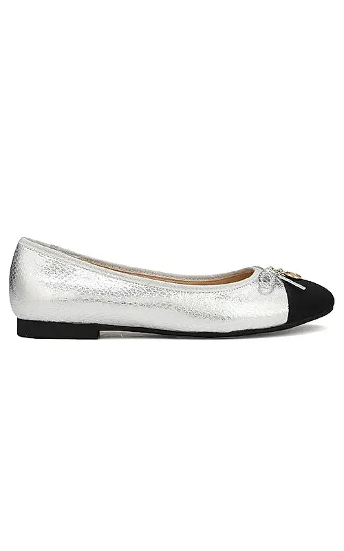 Silver Ballerina Flats With Bow Detail
