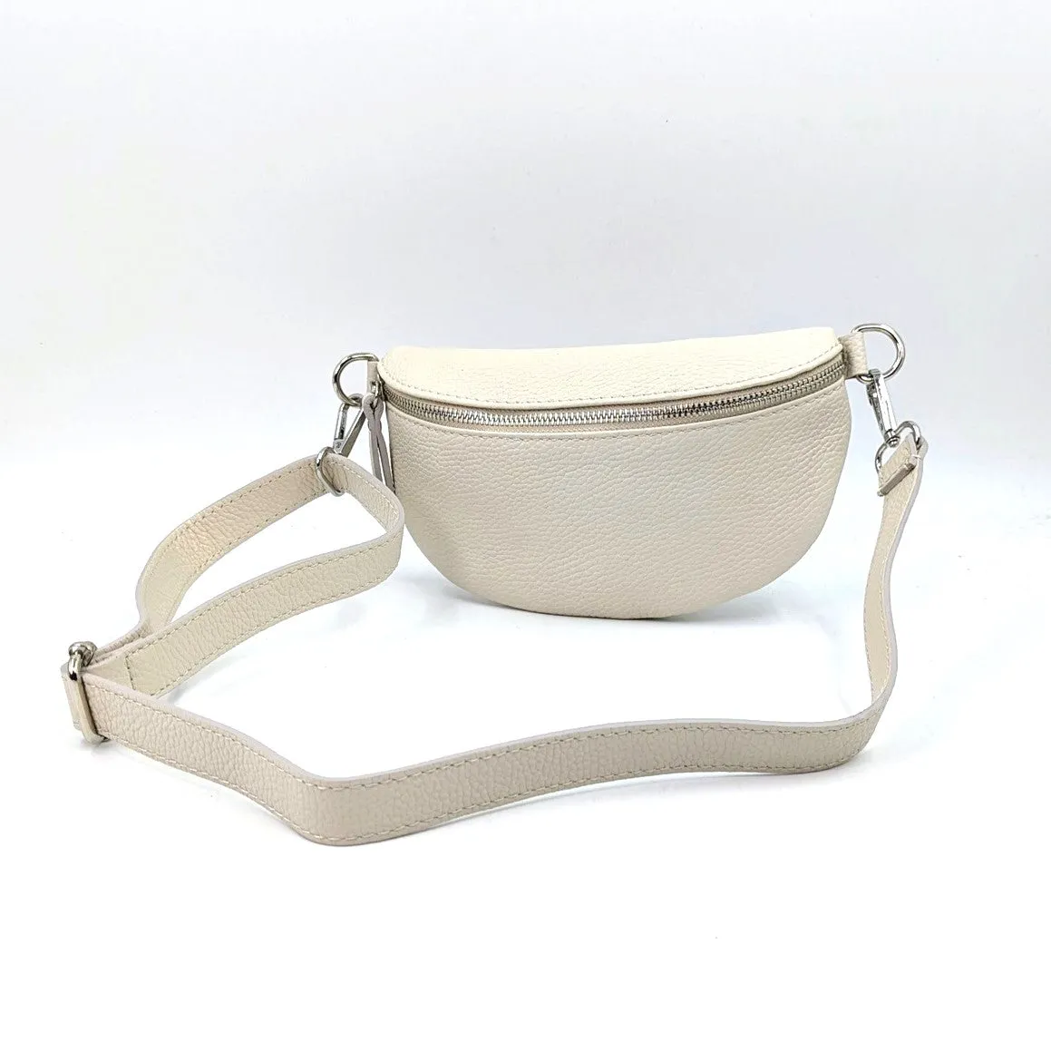 Stylish and slender leather bumbag with silver hardware