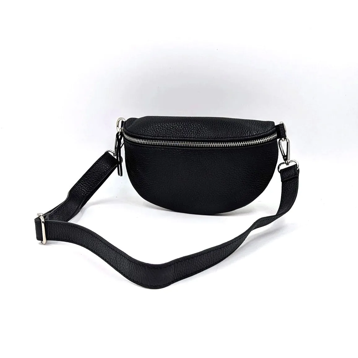 Stylish and slender leather bumbag with silver hardware