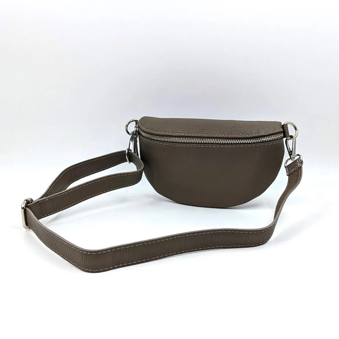 Stylish and slender leather bumbag with silver hardware