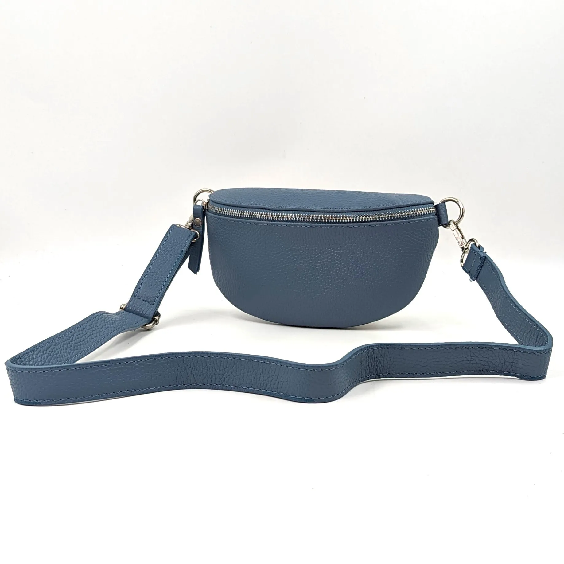 Stylish and slender leather bumbag with silver hardware