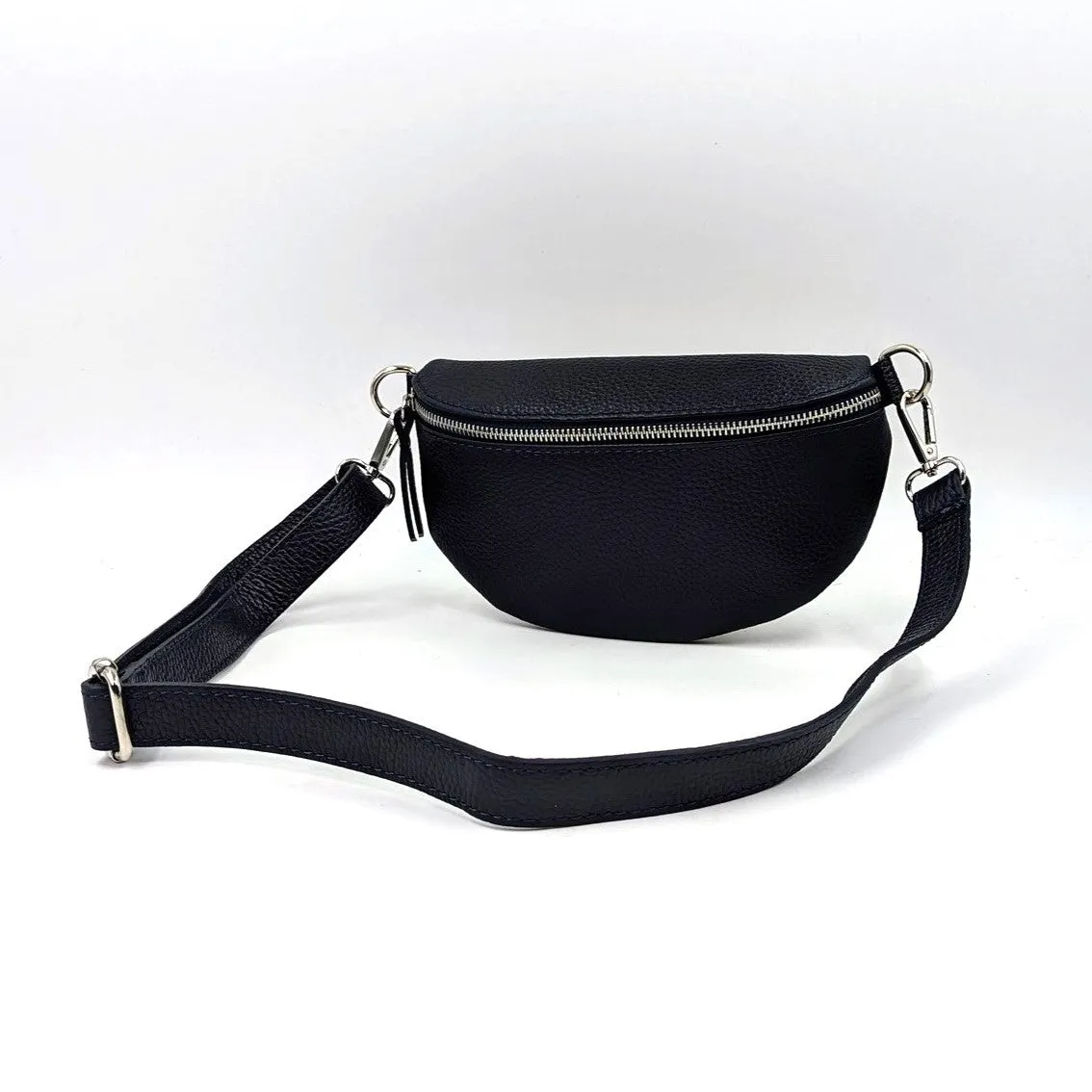 Stylish and slender leather bumbag with silver hardware