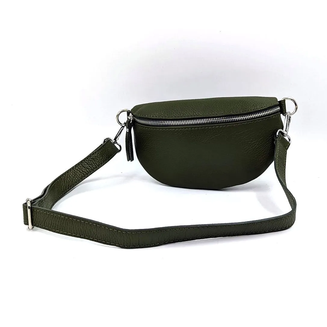 Stylish and slender leather bumbag with silver hardware