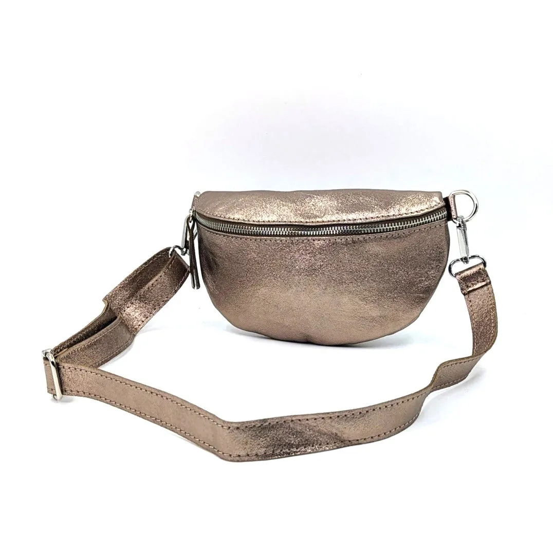 Stylish and slender leather bumbag with silver hardware