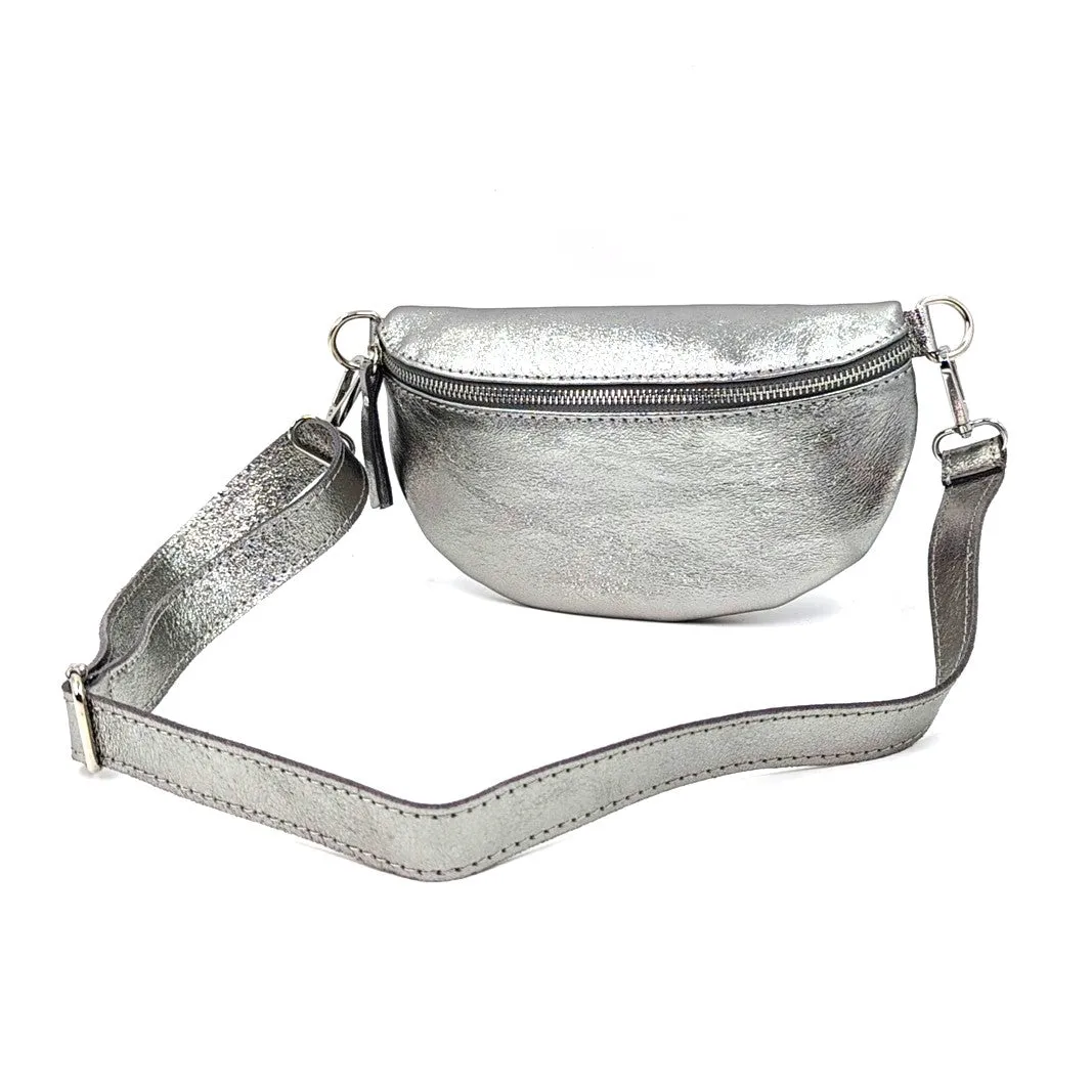 Stylish and slender leather bumbag with silver hardware