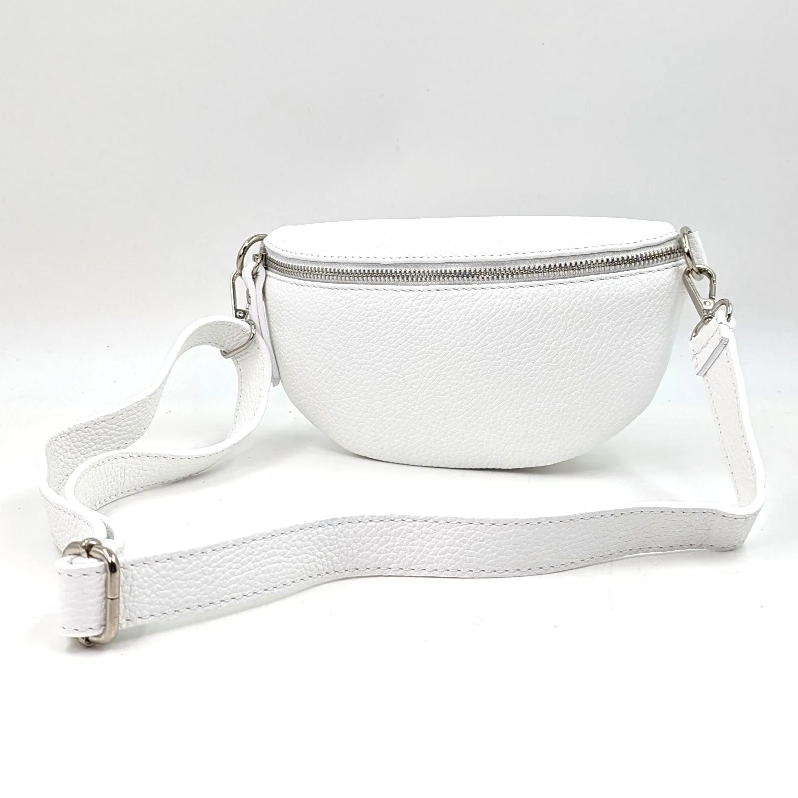 Stylish and slender leather bumbag with silver hardware