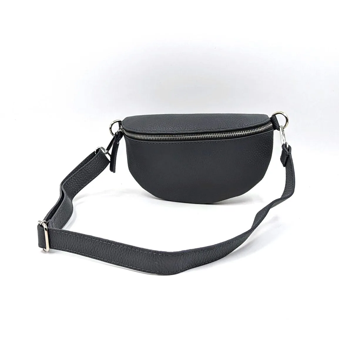 Stylish and slender leather bumbag with silver hardware