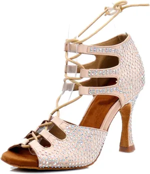 TDA Women's Sexy Lace-up Peep Toe Beige Crystals Satin Salsa Tango Ballroom Latin Dance Shoes 5 M US