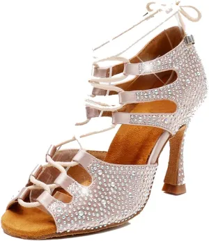TDA Women's Sexy Lace-up Peep Toe Beige Crystals Satin Salsa Tango Ballroom Latin Dance Shoes 5.5 M US