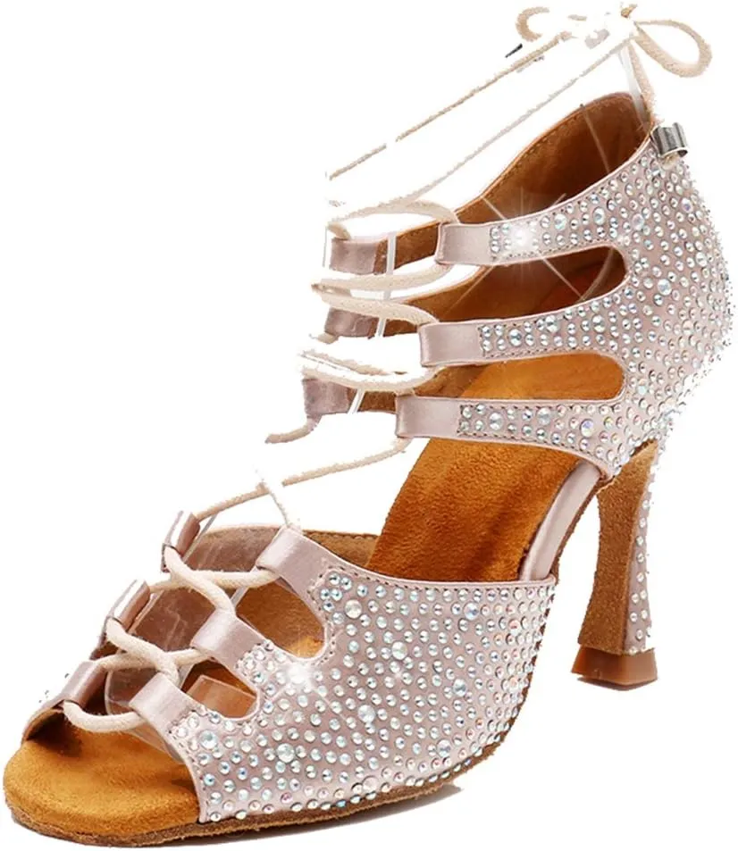 TDA Women's Sexy Lace-up Peep Toe Beige Crystals Satin Salsa Tango Ballroom Latin Dance Shoes 5.5 M US