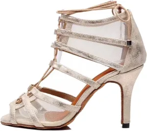 TDA Women's Sexy Lace-up Peep Toe Beige Leather Salsa Tango Ballroom Latin Dance Shoes 6 M US