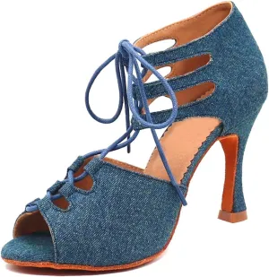 TDA Women's Sexy Lace-up Peep Toe Blue Denim Salsa Tango Ballroom Latin Dance Shoes 6 M US