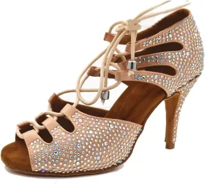 TDA Women's Sexy Lace-up Peep Toe Brown Crystals Satin Salsa Tango Ballroom Latin Dance Shoes 10 M US