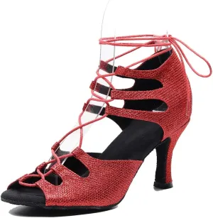 TDA Women's Sexy Lace-up Peep Toe Glitter Red Synthetic Salsa Tango Ballroom Latin Dance Shoes 9 M US