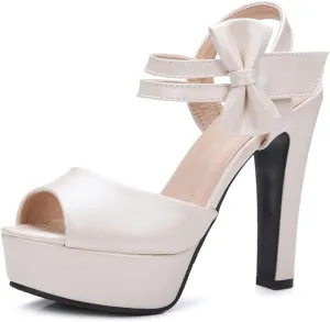 Thick Heel Waterproof Platform Bow high Heel Shoes Apricot