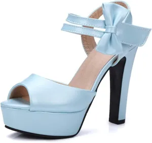 Thick Heel Waterproof Platform Bow high Heel Shoes Blue