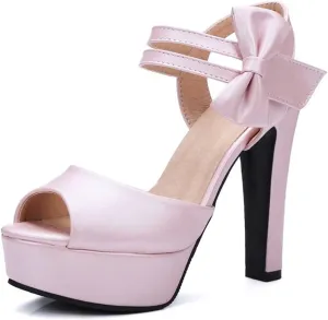 Thick Heel Waterproof Platform Bow high Heel Shoes Pink, 7