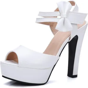 Thick Heel Waterproof Platform Bow high Heel Shoes White