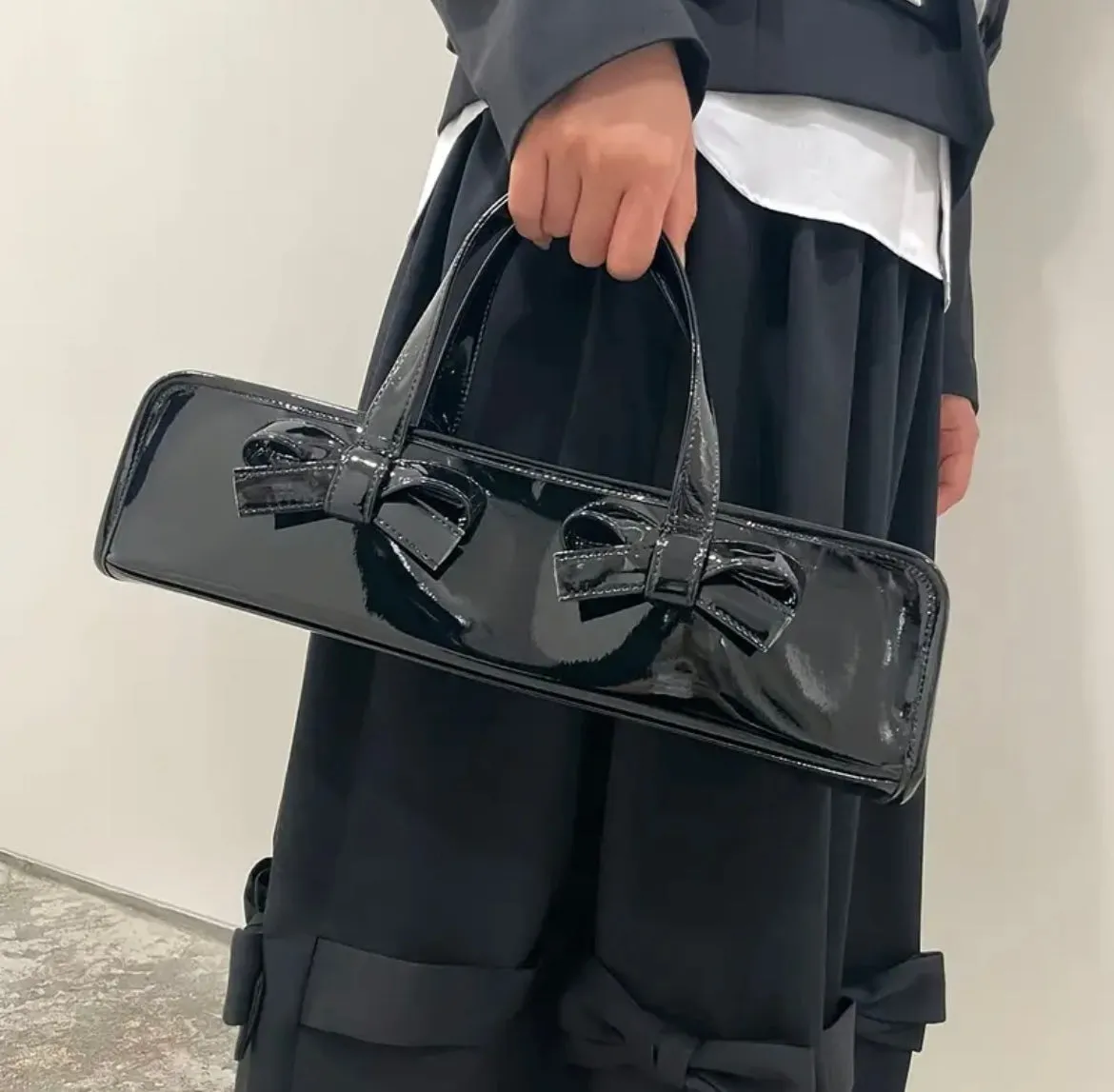 Trendy Black Glossy Baguette Double Bow Detail Handbag