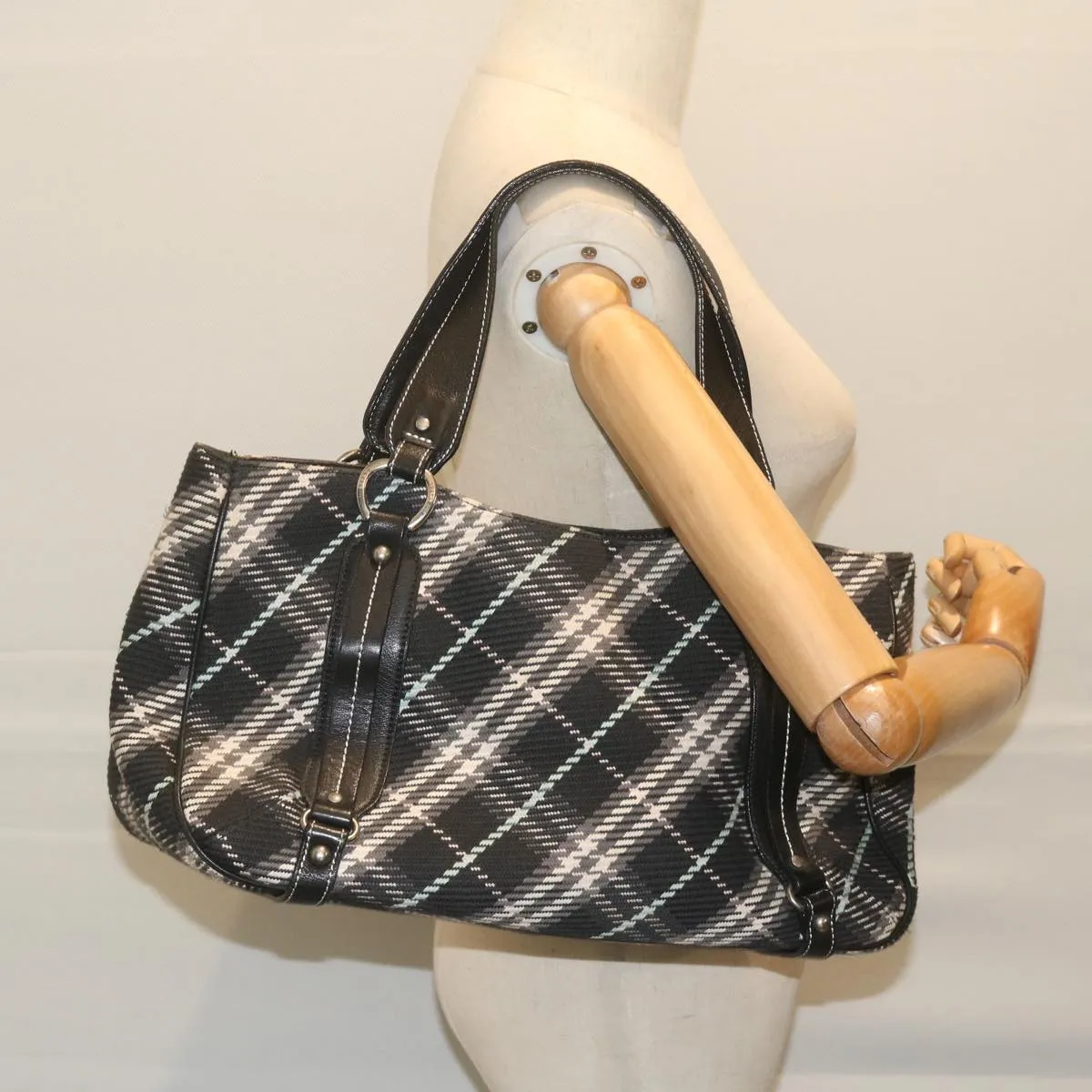Trendy Inspired Burberry Nova Check Blue Label Tote Bag Canvas Black Auth Hk1018