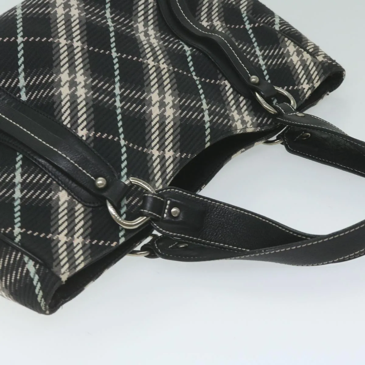 Trendy Inspired Burberry Nova Check Blue Label Tote Bag Canvas Black Auth Hk1018