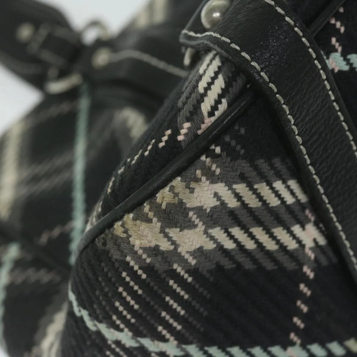 Trendy Inspired Burberry Nova Check Blue Label Tote Bag Canvas Black Auth Hk1018
