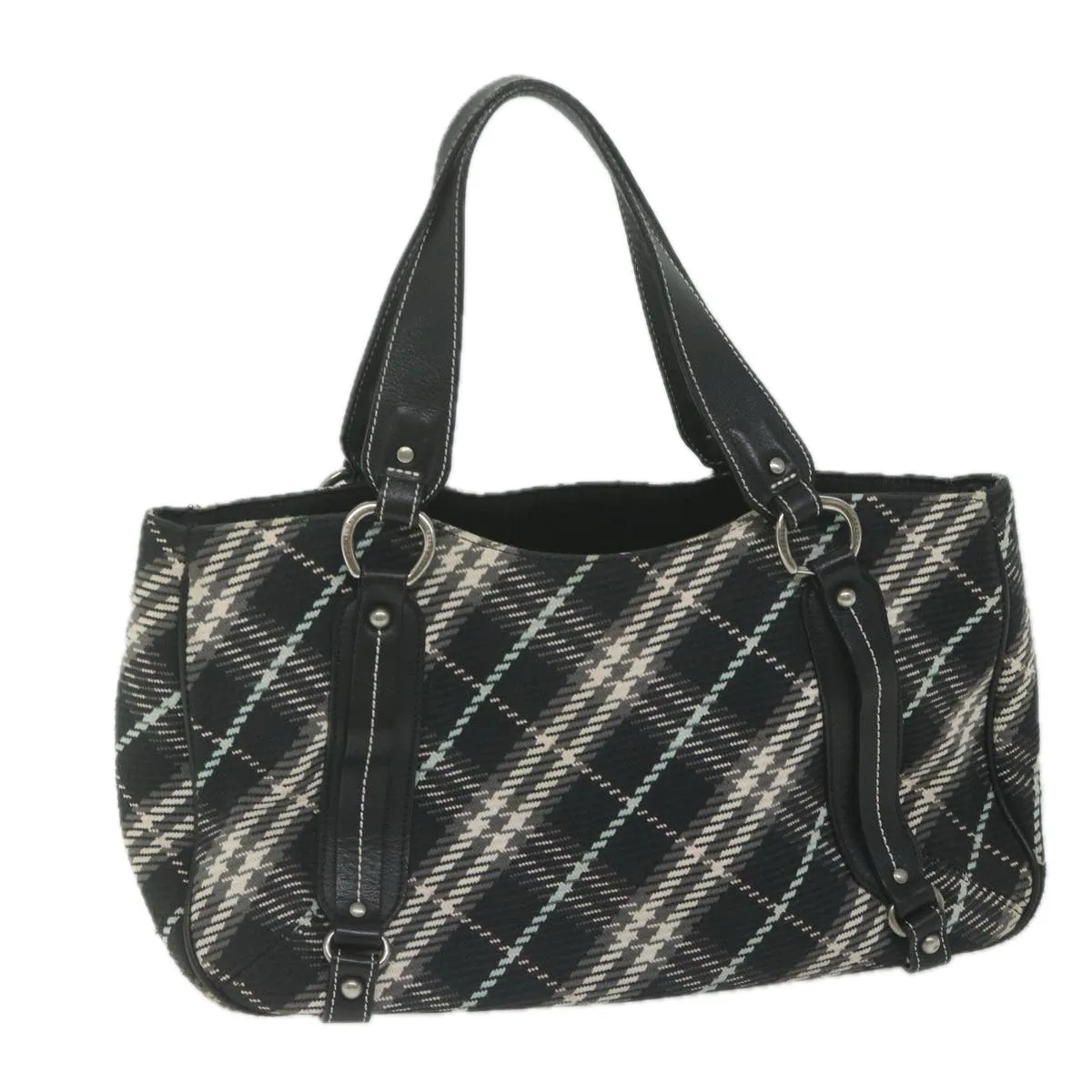 Trendy Inspired Burberry Nova Check Blue Label Tote Bag Canvas Black Auth Hk1018