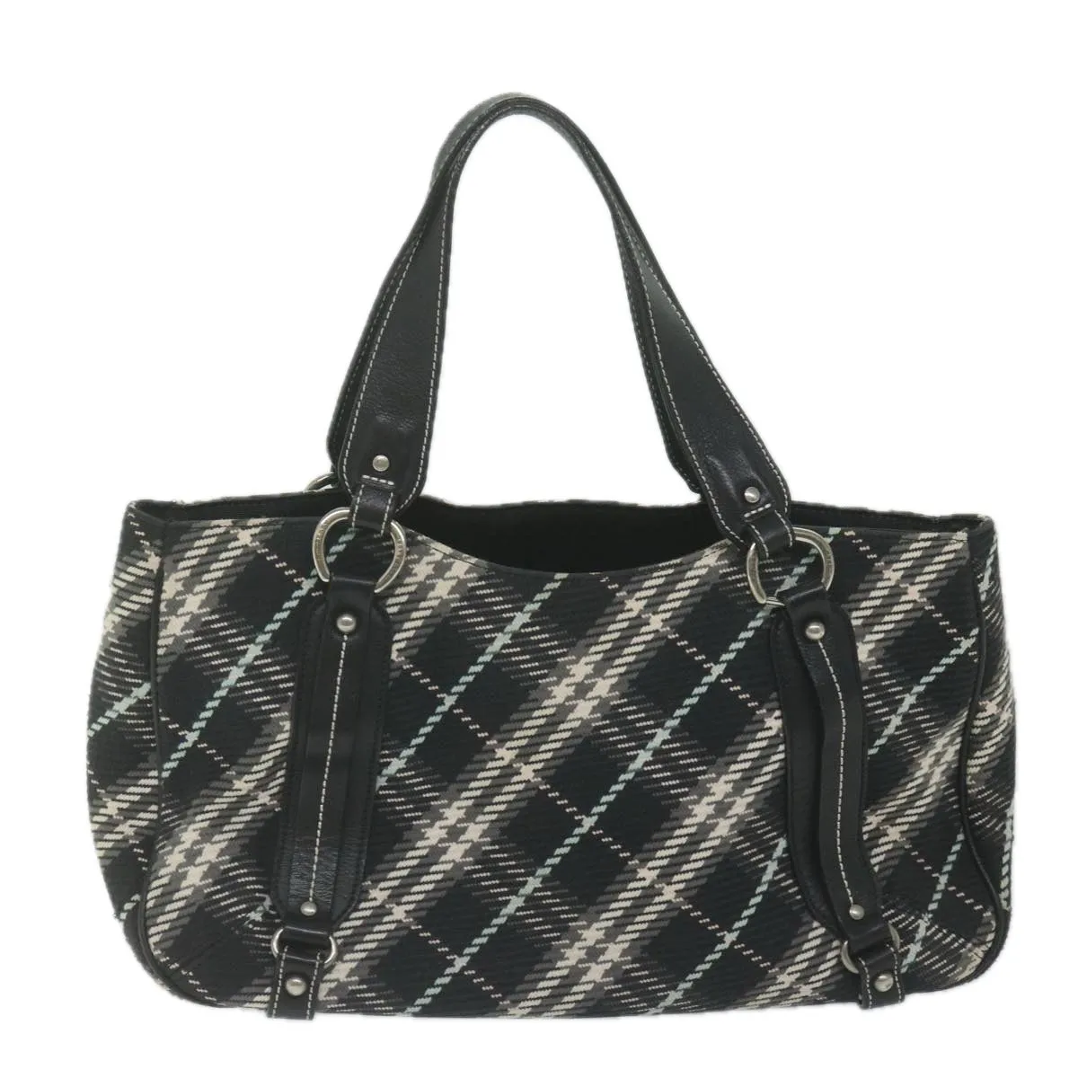 Trendy Inspired Burberry Nova Check Blue Label Tote Bag Canvas Black Auth Hk1018