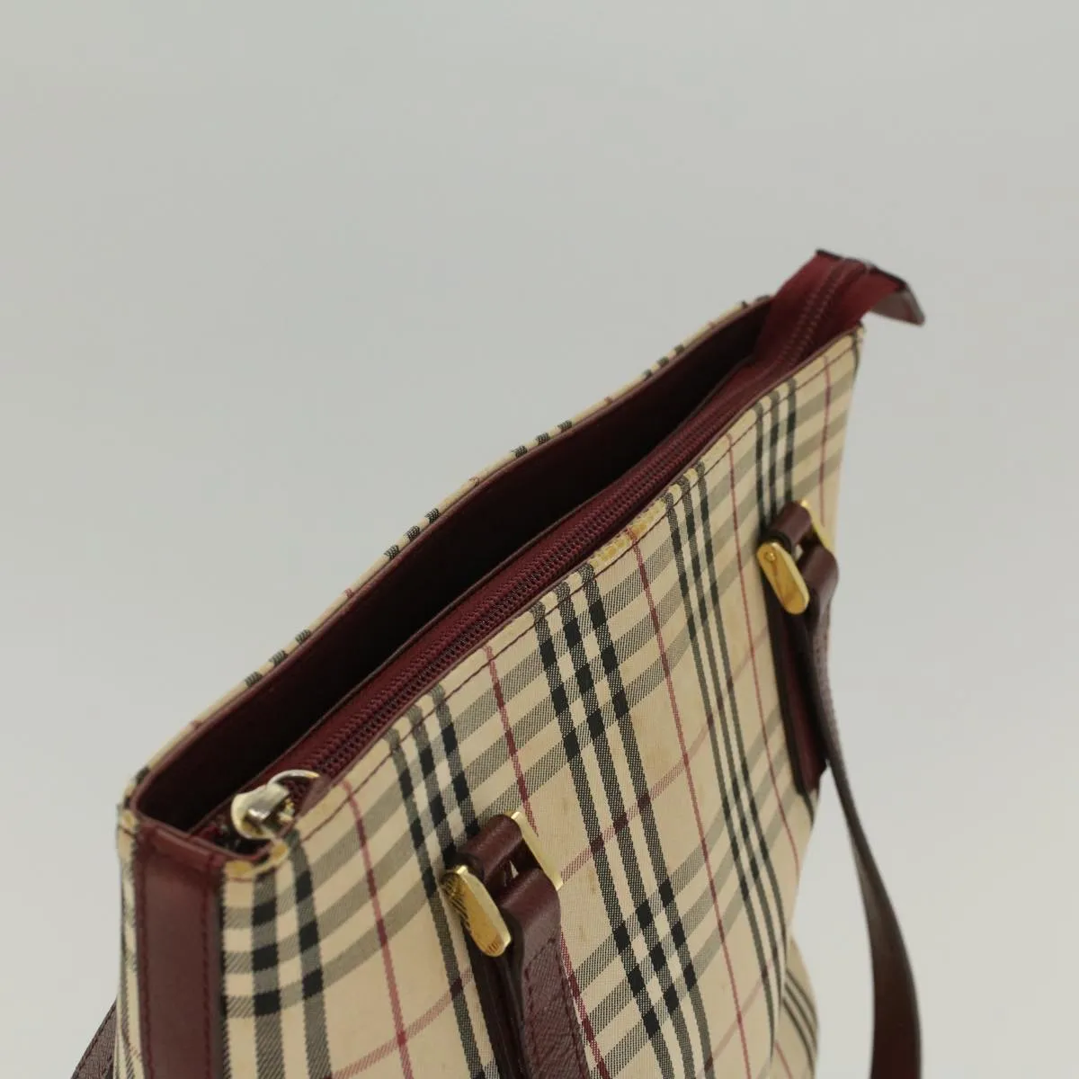 Trendy Inspired Burberry Nova Check Shoulder Bag Nylon Leather Beige Wine Red Auth 52038