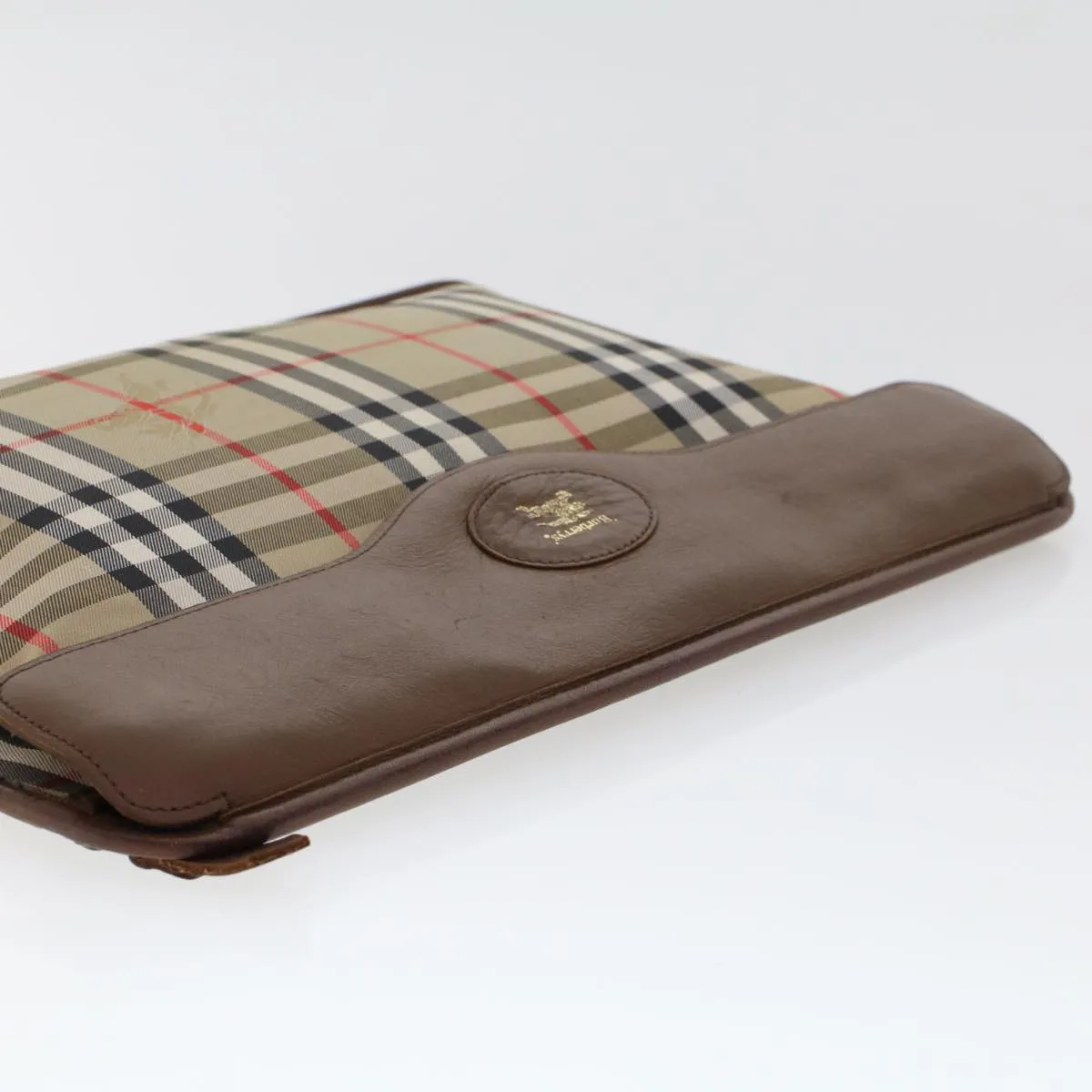 Trendy Inspired Burberryss Nova Check Clutch Bag Nylon Leather Beige Auth Ki3144