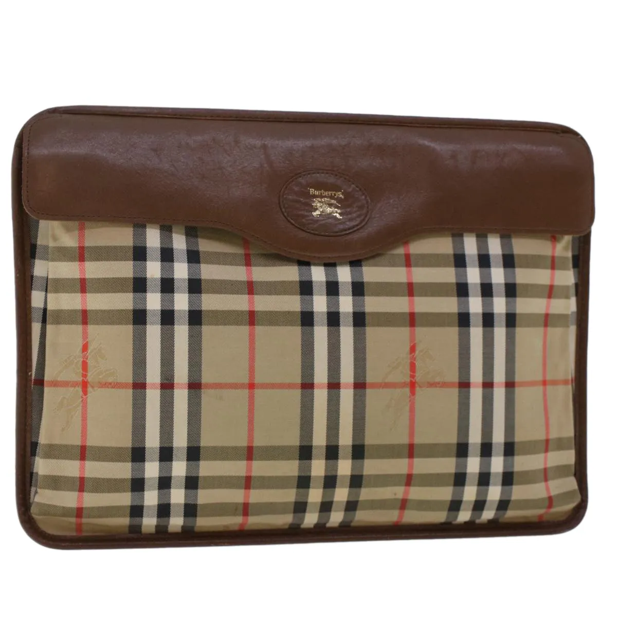 Trendy Inspired Burberryss Nova Check Clutch Bag Nylon Leather Beige Auth Ki3144