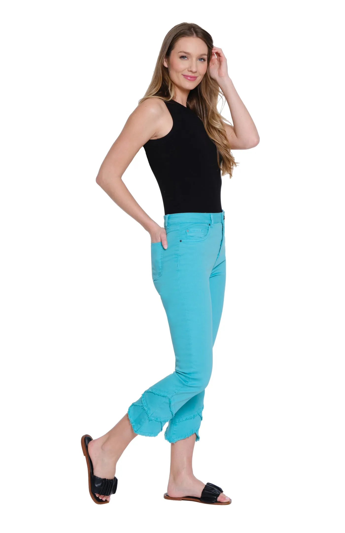 Turquoise Tiered Scallop Crop Jeans