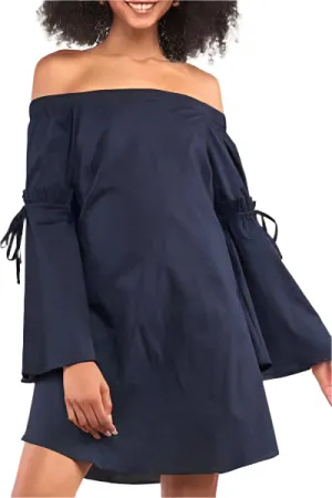Women's Off-Shoulder Bell Sleeve Tie Detail Shirt Dress